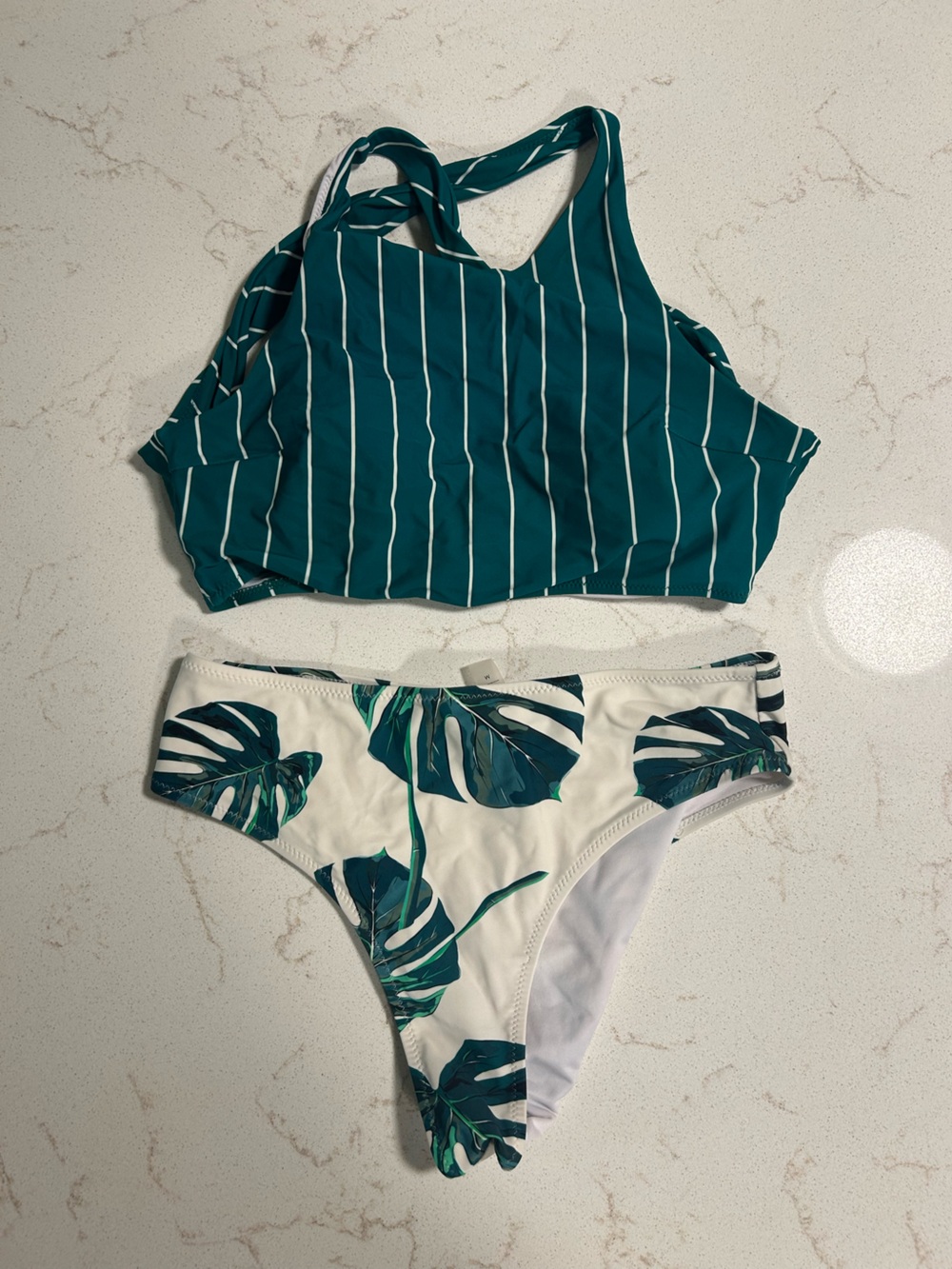 Cupshe Teal Striped Crop Bikini Top & White Leaf Print Bottoms